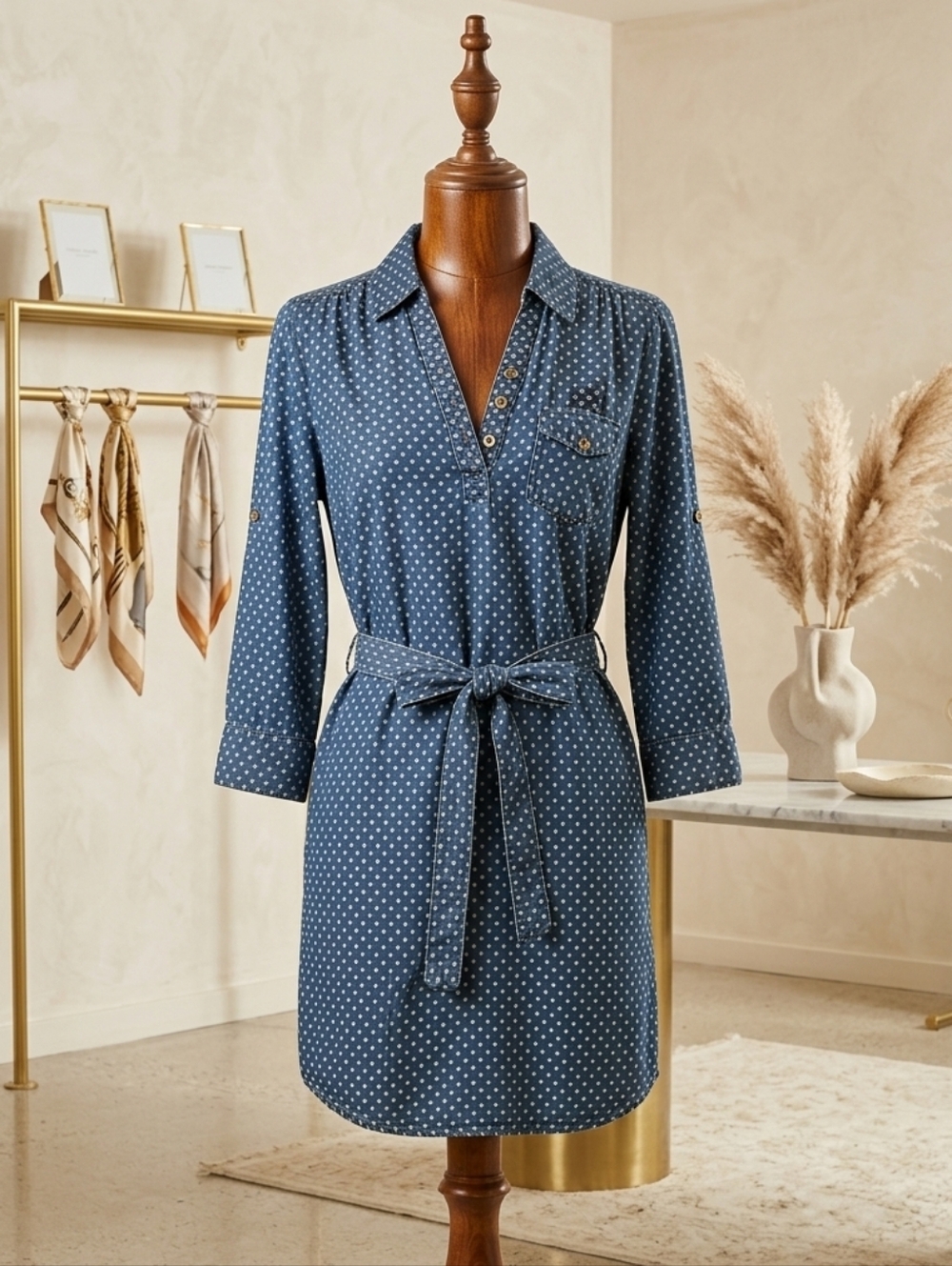 Denim & White Polka Dot Mini Dress | V-Neck Belted | XS